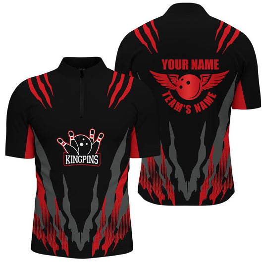 Personalisierte Bowling-Shirt für Herren, Kingpins Rotes Viertel-Zip Bowling-Shirt mit Namen Bowling Team Trikot N159 - Climcat