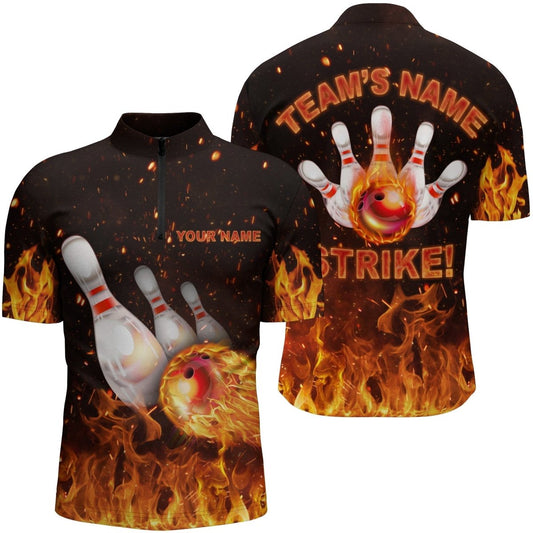 Personalisierte Bowling-Shirt für Herren mit Flammenmuster, Viertel-Reißverschluss Strike Bowling-Shirt für Teams, Herren Bowling N152 - Climcat