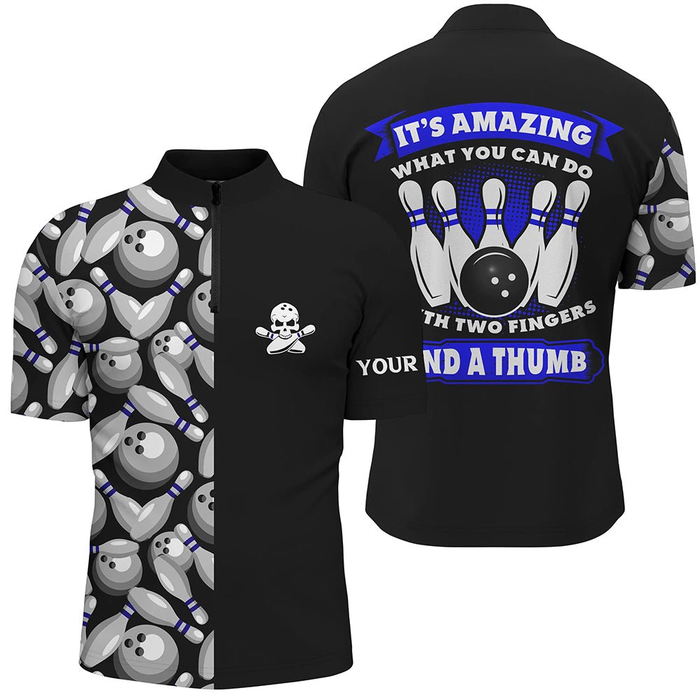 Personalisierte Bowling-Shirt für Herren mit Totenkopf-Motiv und Viertelreißverschluss - Individuell gestaltbar. Q6829 - Climcat