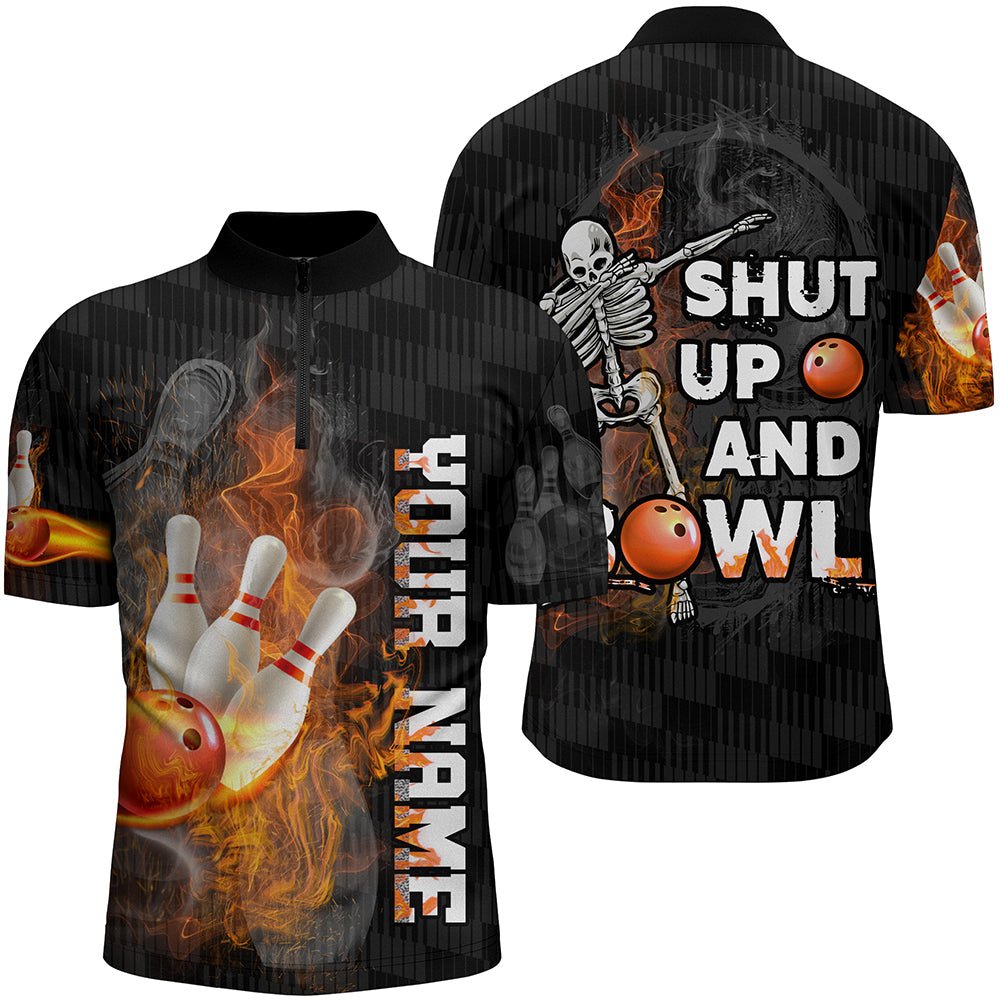 Personalisierte Bowling-Shirt für Herren: 'Shut Up and Bowl' - Lustiges Bowling-Shirt mit Viertelreißverschluss und Flammenschädel-Motiv (N19) - Climcat