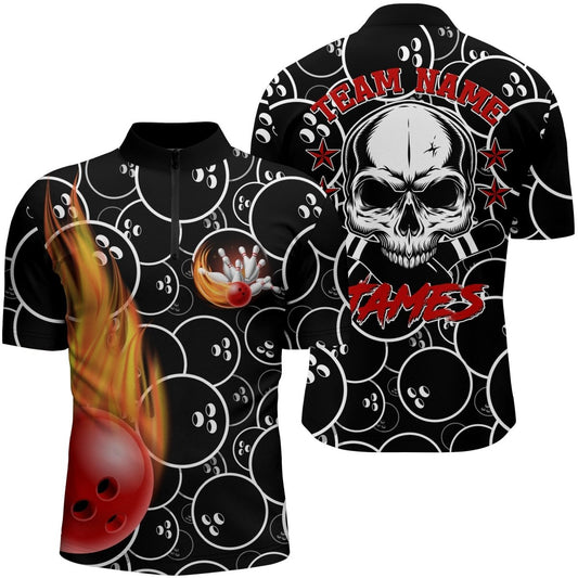 Personalisierte Bowling-Shirt für Herren, Viertel-Reißverschluss Bowling-Shirt mit Namen, Skull Black Bowling Trikot N02 - Climcat