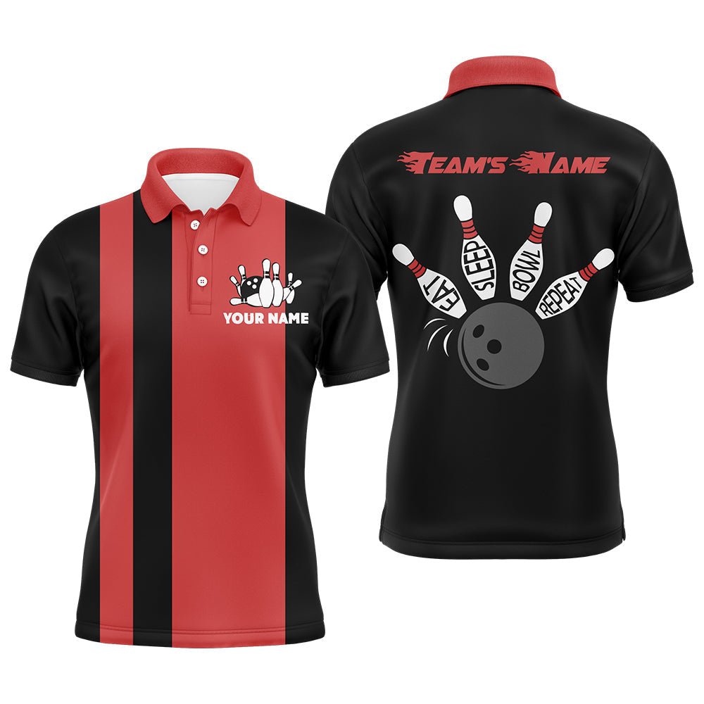 Personalisierte Bowling-Shirt für Herren, Vintage Rot&Schwarz Bowling Polo Trikot für Team Eat Sleep Bowl Repeat B164 - Climcat