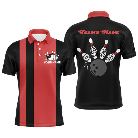 Personalisierte Bowling-Shirt für Herren, Vintage Rot&Schwarz Bowling Polo Trikot für Team Eat Sleep Bowl Repeat B164 - Climcat