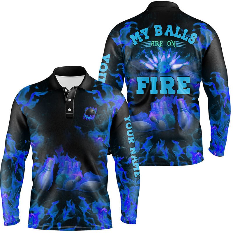 Personalisierte Bowling-Shirt mit blauem Flammen-Design und individuellem Namen - Meine Bälle sind in Flammen - Bowling-Polo-Shirts für Herren, Bowling-Jerseys Q6457 - Climcat