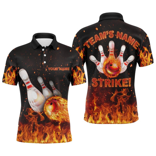 Personalisierte Bowling-Shirt mit Flammenmuster für Herren, Strike Polo Bowling-Shirt für Teams, Herren Feuer Bowling Trikot B152 - Climcat