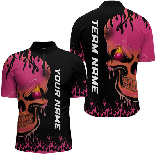 Personalisierte Bowling-Shirt mit Pink Flame Bowling Skull Design für Herren, Viertelreißverschluss, Team Liga Trikots, Geschenk für Bowler Q6835 - Climcat