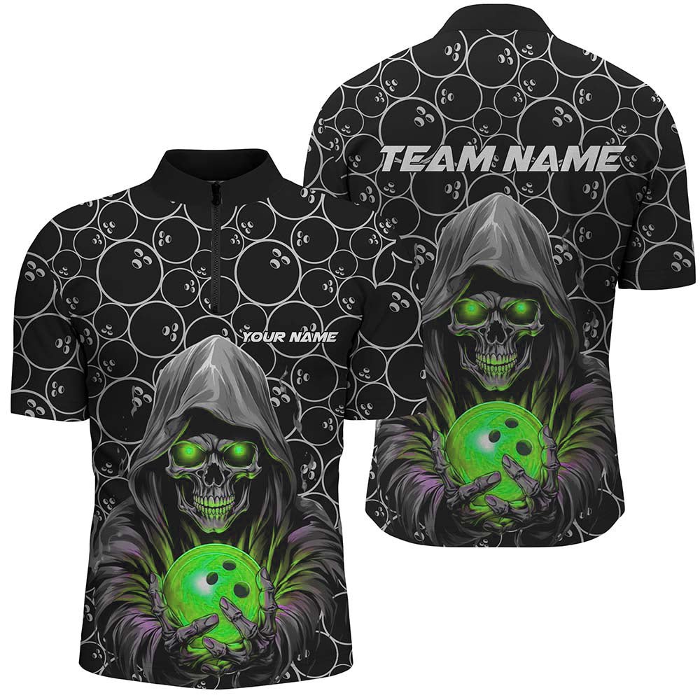 Personalisierte Bowling-Shirts: Coole grüne Bowling-Quarter-Zip-Shirts für Herren - Individuelle Teamtrikots für Bowling-Ligen (Modell: Skull Green, Artikelnummer: P5389) - Climcat