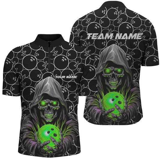 Personalisierte Bowling-Shirts: Coole grüne Bowling-Quarter-Zip-Shirts für Herren - Individuelle Teamtrikots für Bowling-Ligen (Modell: Skull Green, Artikelnummer: P5389) - Climcat