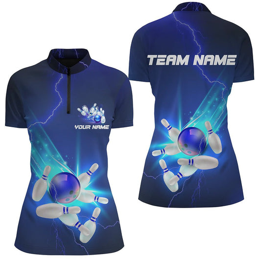 Personalisierte Bowling-Shirts für Damen - Blauer Blitz und Donner - Viertelreißverschluss - Team Trikots für Bowling Strike - P5381 - Climcat