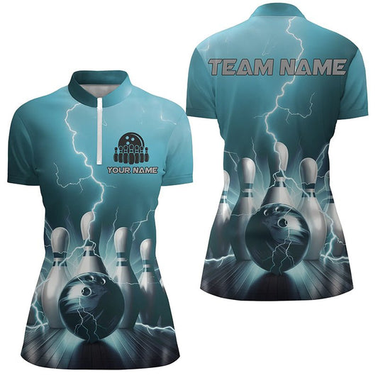 Personalisierte Bowling-Shirts für Damen - Blauer Donner Blitz - Viertelreißverschluss - Strike Bowling Team Trikots P5394 - Climcat