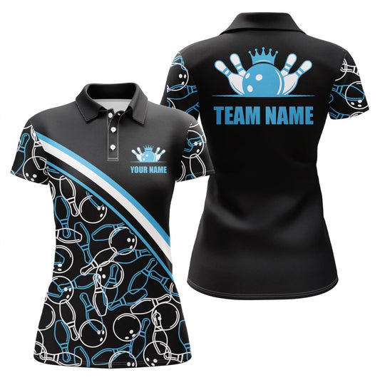 Personalisierte Bowling-Shirts für Damen, Bowling Queen Team Trikots Bowlingkugel und Pins | Blau P4505 - Climcat