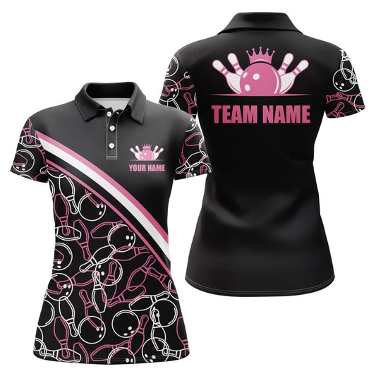 Personalisierte Bowling-Shirts für Damen, Bowling Queen Team Trikots Bowlingkugel und Pins | Pink P4504 - Climcat