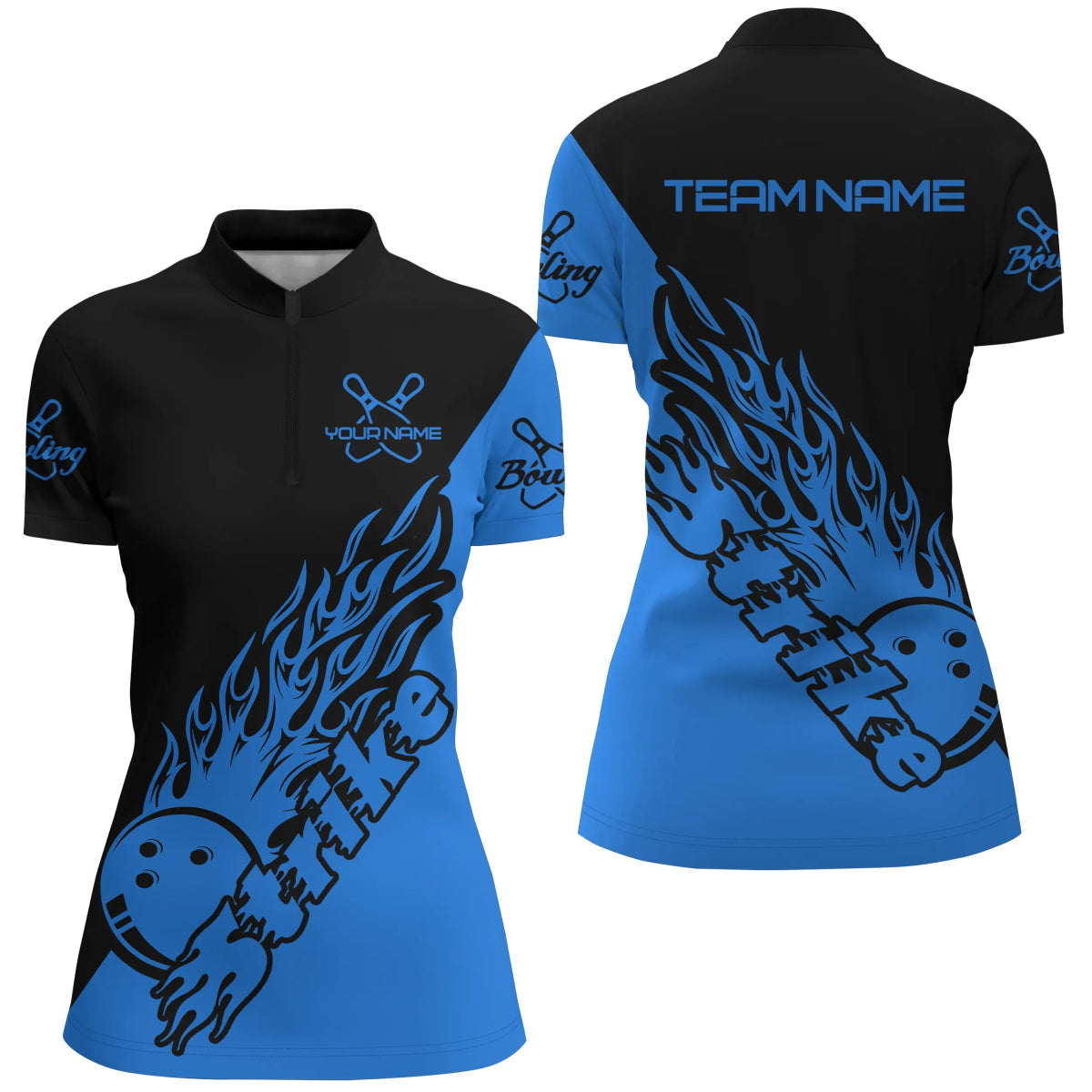 Personalisierte Bowling-Shirts für Damen, Bowling-Teamshirts Bowling Strike | Schwarz und Blau P5167 - Climcat