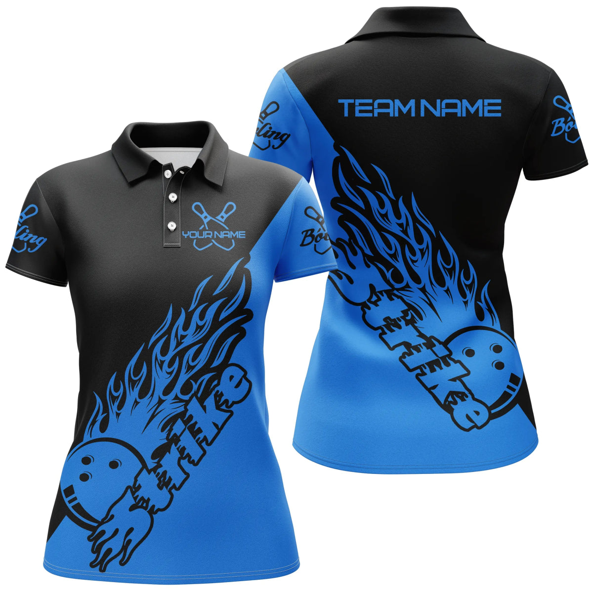 Personalisierte Bowling-Shirts für Damen, Bowling-Teamshirts Bowling Strike | Schwarz und Blau P5167 - Climcat