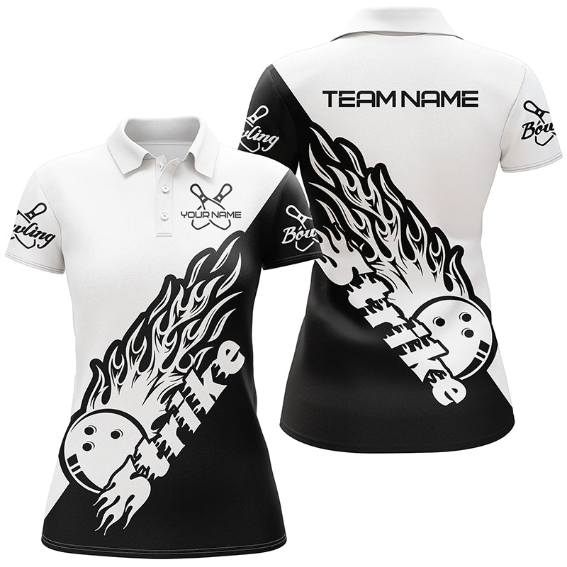 Personalisierte Bowling-Shirts für Damen, Bowling-Teamshirts Bowling Strike | Schwarz und Weiß P5170 - Climcat