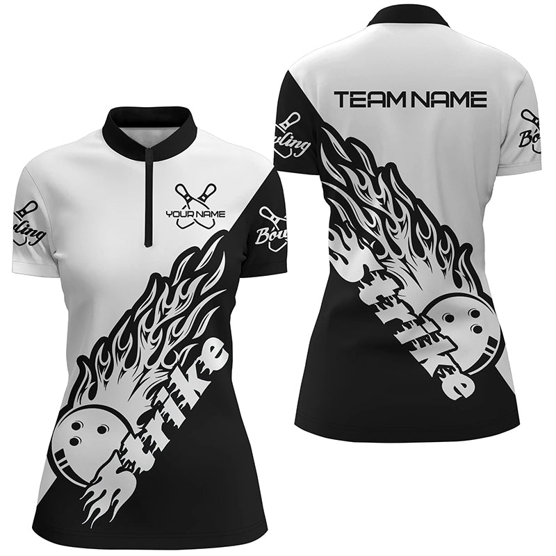 Personalisierte Bowling-Shirts für Damen, Bowling-Teamshirts Bowling Strike | Schwarz und Weiß P5170 - Climcat