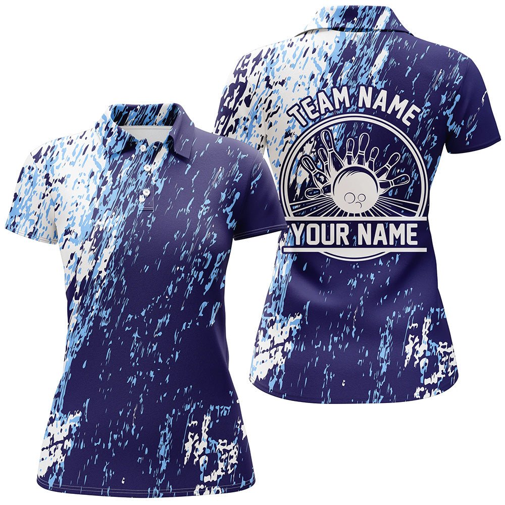 Personalisierte Bowling-Shirts für Damen, Bowlingkugeln und Pins Bowling-Teamshirts | Blau P4506 - Climcat