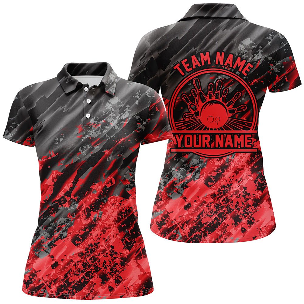 Personalisierte Bowling-Shirts für Damen, Bowlingkugeln und Pins Bowling-Teamshirts | Rot P4509 - Climcat