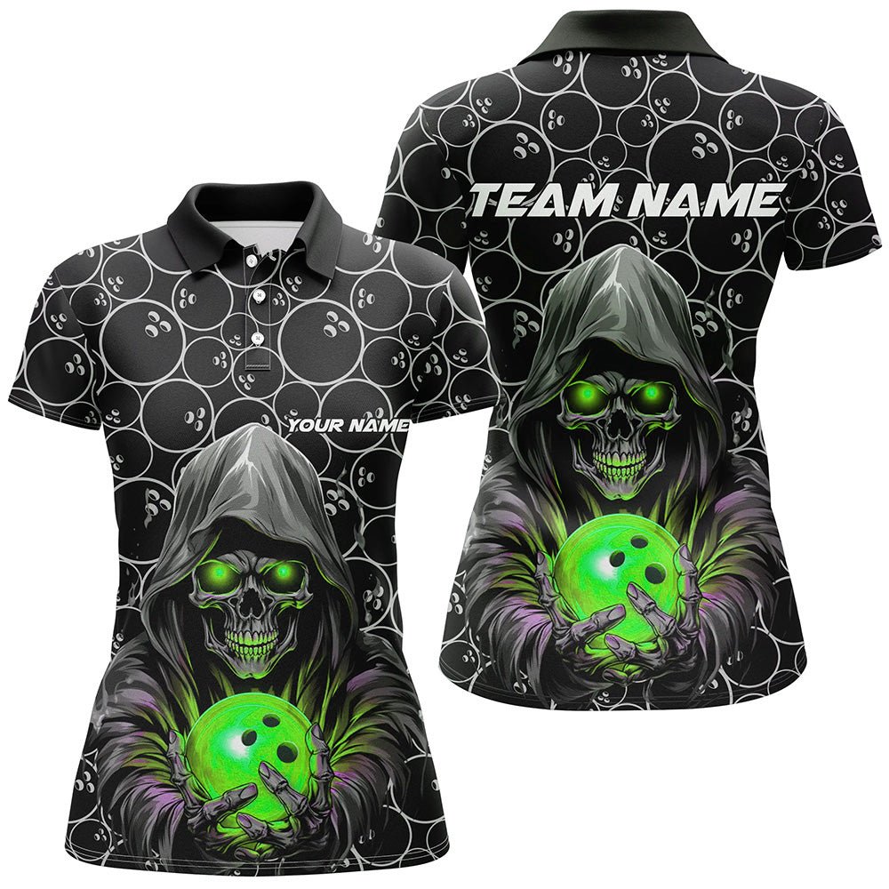 Personalisierte Bowling-Shirts für Damen - Grünes Bowling-Polo mit Totenkopfdesign - Individuelle Teamtrikots für Bowling-Ligen - P5389 - Climcat