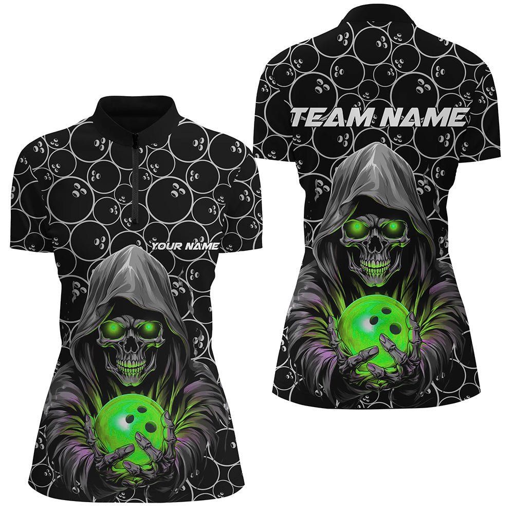 Personalisierte Bowling-Shirts für Damen - Grünes Bowling-Quarter-Zip-Shirt mit Totenkopf-Design - Individuell gestaltbare Bowling-Liga-Trikots P5389 - Climcat