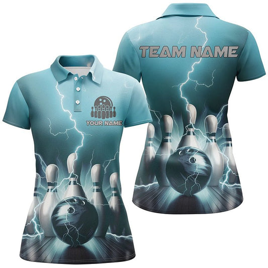 Personalisierte Bowling-Shirts für Damen in Blau mit Thunder Lightning Design - Strike Bowling Team Trikots und Outfits P5394 - Climcat