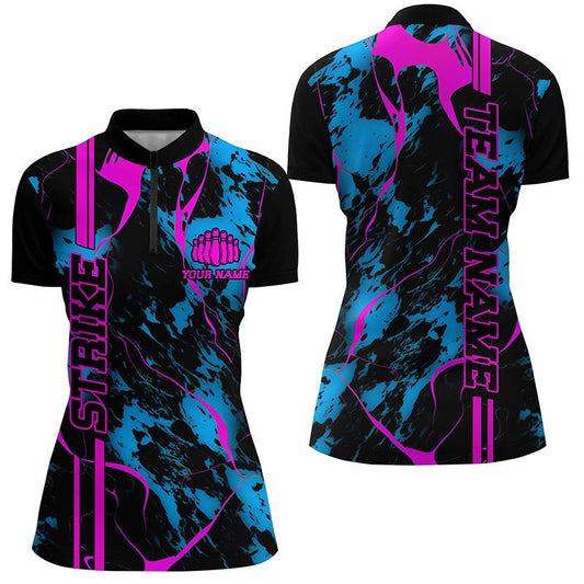 Personalisierte Bowling-Shirts für Damen in Blau und Pink | Viertelreißverschluss | Camouflage Bowling-Team Trikots P5387 - Climcat