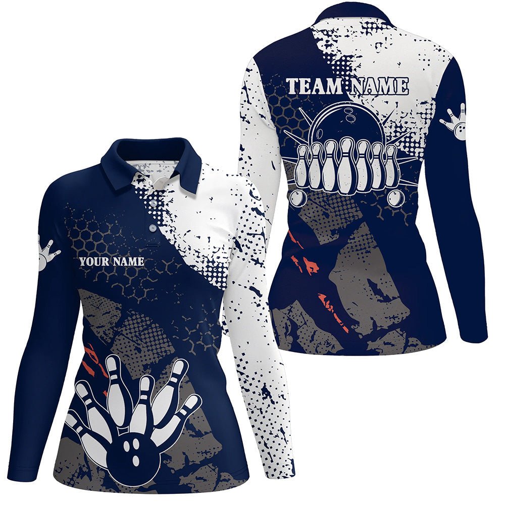 Personalisierte Bowling-Shirts für Damen in Navy und Weiß | Retro Bowlingkugeln und Bowling-Pins | Individuelle Bowling-Team-Liga Trikots Q6313 - Climcat