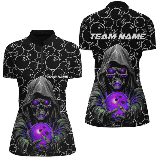 Personalisierte Bowling-Shirts für Damen - Individuelles Design - Hochwertiges Material - Vielfältige Anpassungsoptionen - Lila Skull-Motiv - Ideal für Bowling-Ligen - P5390 - Climcat