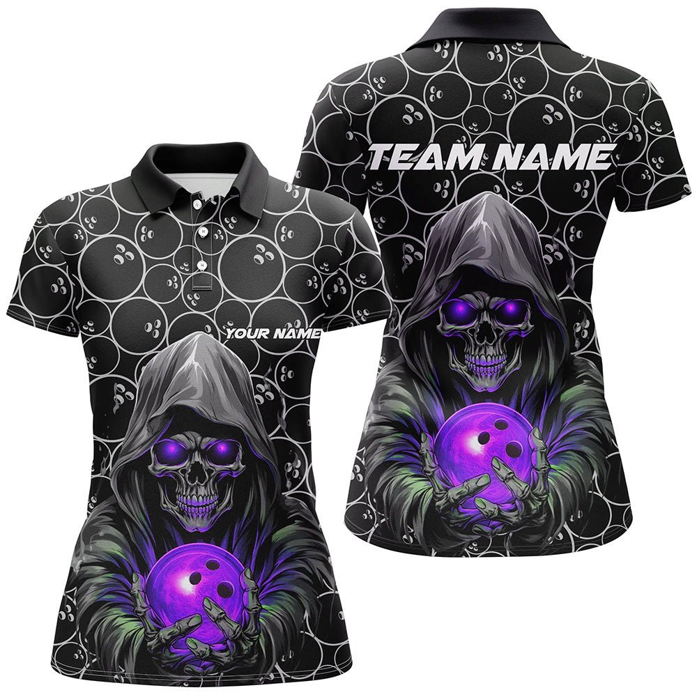 Personalisierte Bowling-Shirts für Damen - Individuelles Design - Lila Bowling-Polo-Shirt mit Totenkopf - Teamtrikots für Bowling-Liga - P5390 - Climcat