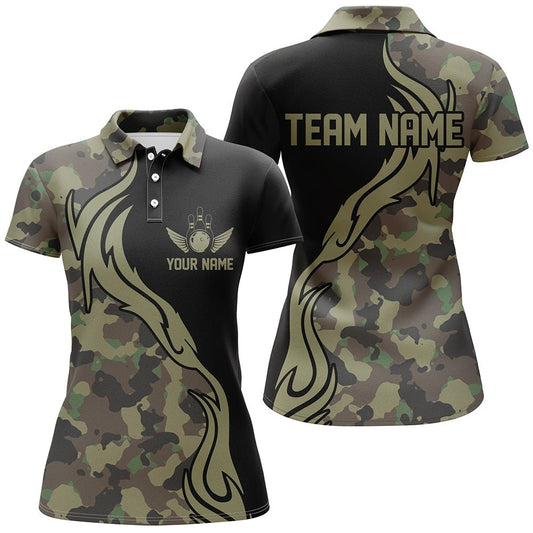 Personalisierte Bowling-Shirts für Damen - Militärgrün Camouflage Design - Individuelle Armee Bowling Team Shirts - Bowling Liga Shirts P5515 - Climcat