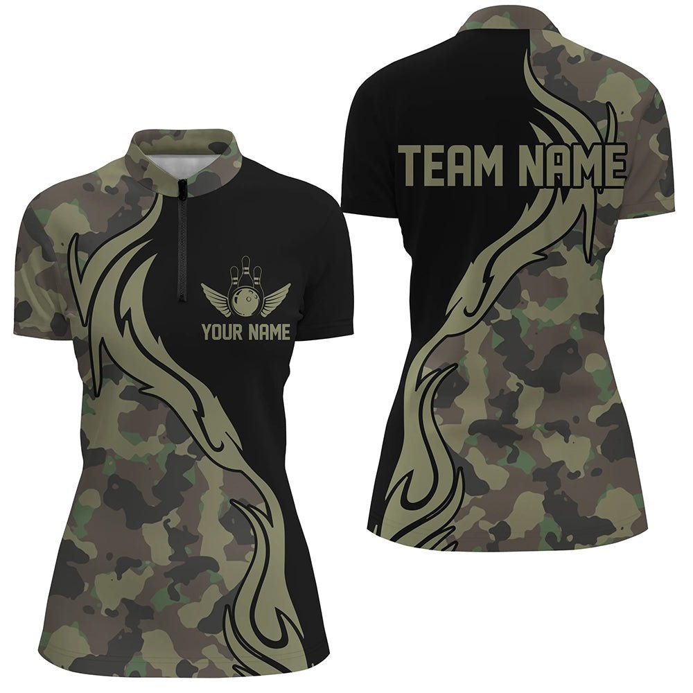 Personalisierte Bowling-Shirts für Damen - Militärgrün Camouflage Design - Individuelle Armee Bowling Team Shirts - Bowling Liga Shirts P5515 - Climcat