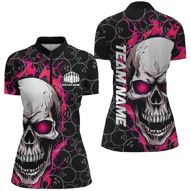 Personalisierte Bowling-Shirts für Damen mit Flamingo-Schädel-Design, Halloween-Bowlingtrikots | Pink P5150 - Climcat