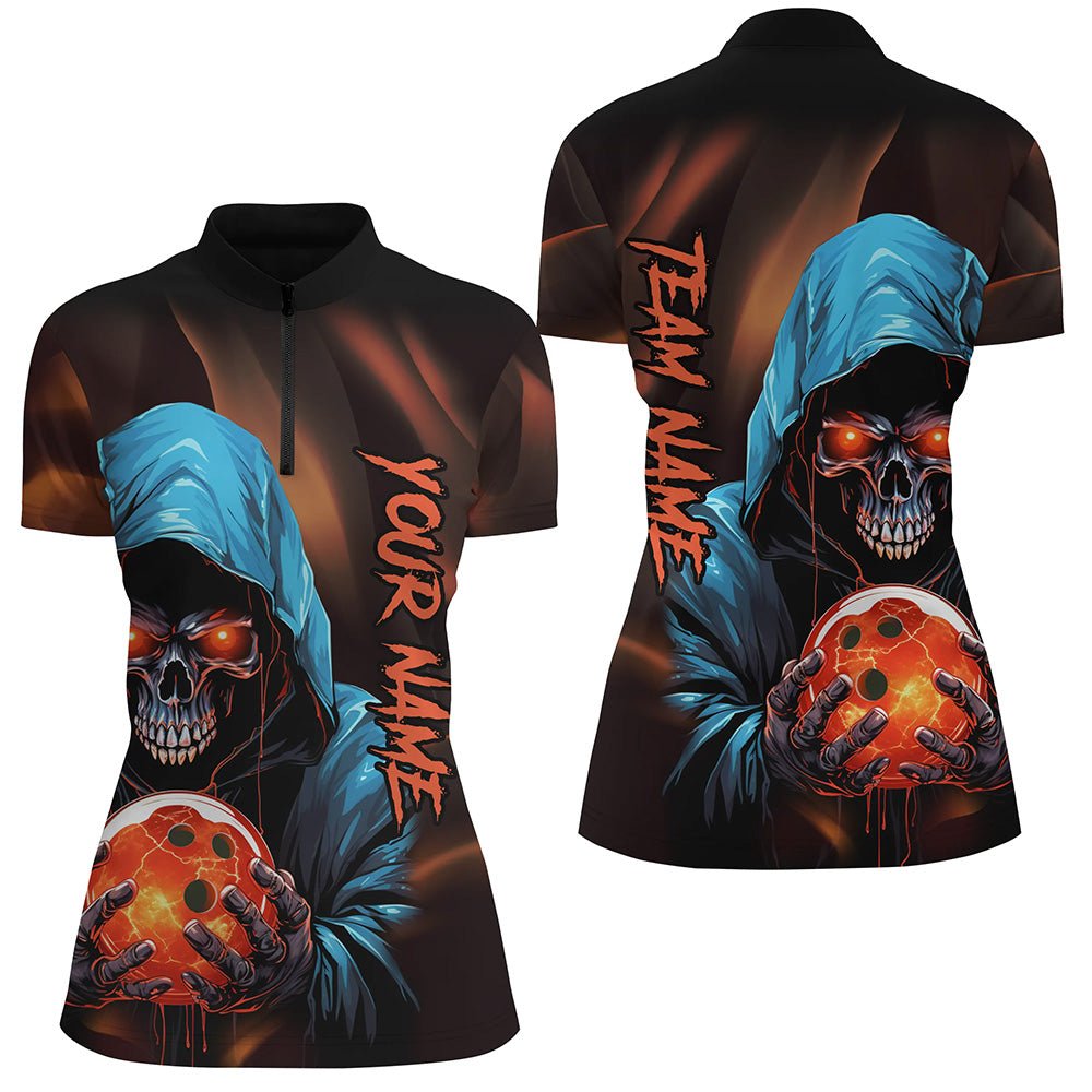 Personalisierte Bowling Shirts für Damen mit Grim Reaper Motiv - Individuelle Bowling Quarter Zip Shirts für Frauen - Skull Bowling Team Trikots P5339 - Climcat