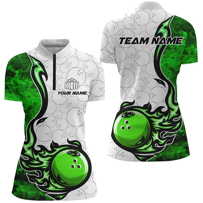 Personalisierte Bowling-Shirts für Damen mit grünen Flammenmuster - Bowling Team Trikots für Bowlerinnen P5510 - Climcat