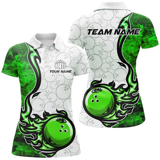 Personalisierte Bowling-Shirts für Damen mit grünen Flammenmuster - Bowling Team Trikots für Bowlerinnen P5510 - Climcat