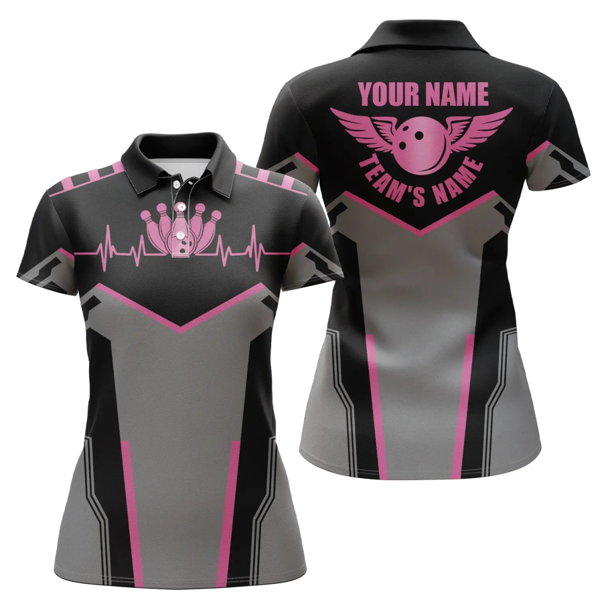 Personalisierte Bowling-Shirts für Damen mit individuellem Namen und Teamnamen | Bowlingkugel und Pins Damen Polo-Shirt | Pink Q4764 - Climcat