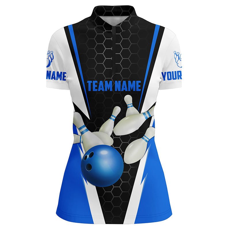 Personalisierte Bowling-Shirts für Damen mit individuellem Namen und Teamnamen, Bowlingkugel und Pins, Team-Bowling-Shirts P4594 - Climcat