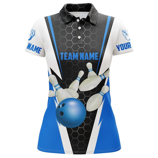 Personalisierte Bowling-Shirts für Damen mit individuellem Namen und Teamnamen, Bowlingkugel und Pins, Team-Bowling-Shirts P4594 - Climcat