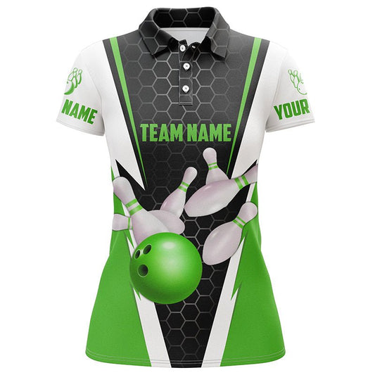 Personalisierte Bowling-Shirts für Damen mit individuellem Namen und Teamnamen, Bowlingkugel und Pins, Team-Bowling-Shirts P4945 - Climcat