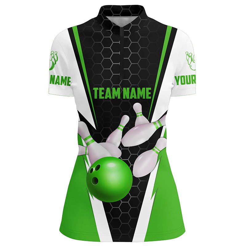 Personalisierte Bowling-Shirts für Damen mit individuellem Namen und Teamnamen, Bowlingkugel und Pins, Team-Bowling-Shirts P4945 - Climcat