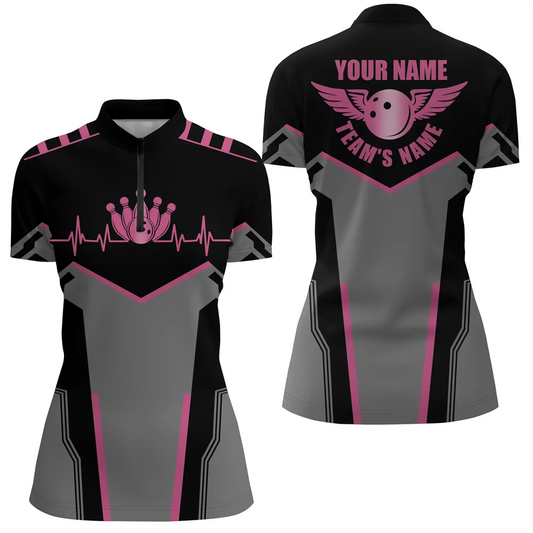 Personalisierte Bowling-Shirts für Damen mit individuellem Namen und Teamnamen | Bowlingkugel und Pins Viertelreißverschluss-Shirts in Pink Q4764 - Climcat