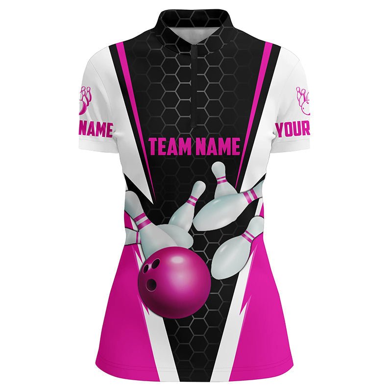 Personalisierte Bowling-Shirts für Damen mit individuellem Namen und Teamnamen - Strike Bowlingkugel und Pins, Team Bowling-Shirts P4595 - Climcat