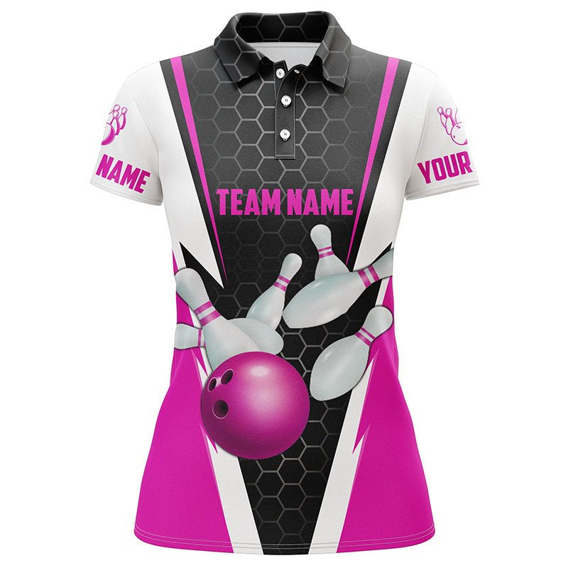 Personalisierte Bowling-Shirts für Damen mit individuellem Namen und Teamnamen - Strike Bowlingkugel und Pins, Team Bowling-Shirts P4595 - Climcat