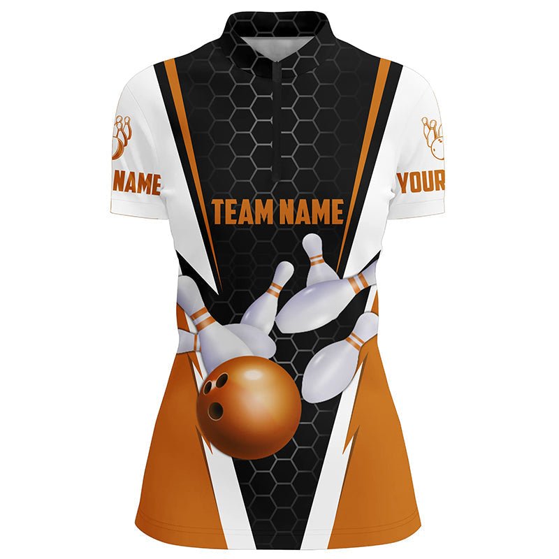 Personalisierte Bowling-Shirts für Damen mit individuellem Namen und Teamnamen - Strike Bowlingkugel und Pins, Team Bowling-Shirts P4946 - Climcat