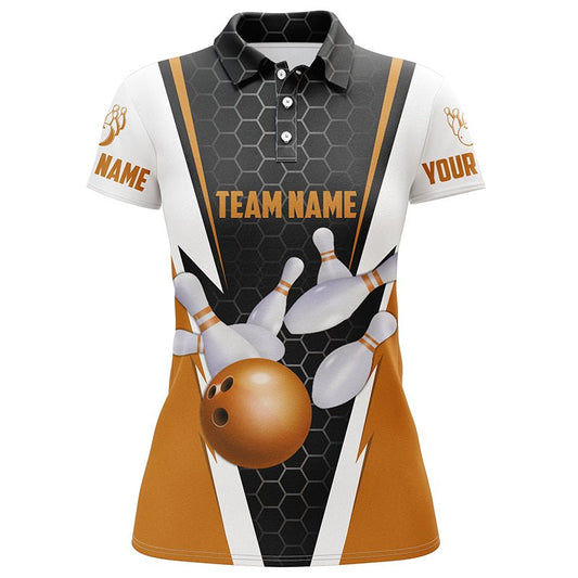 Personalisierte Bowling-Shirts für Damen mit individuellem Namen und Teamnamen - Strike Bowlingkugel und Pins, Team Bowling-Shirts P4946 - Climcat