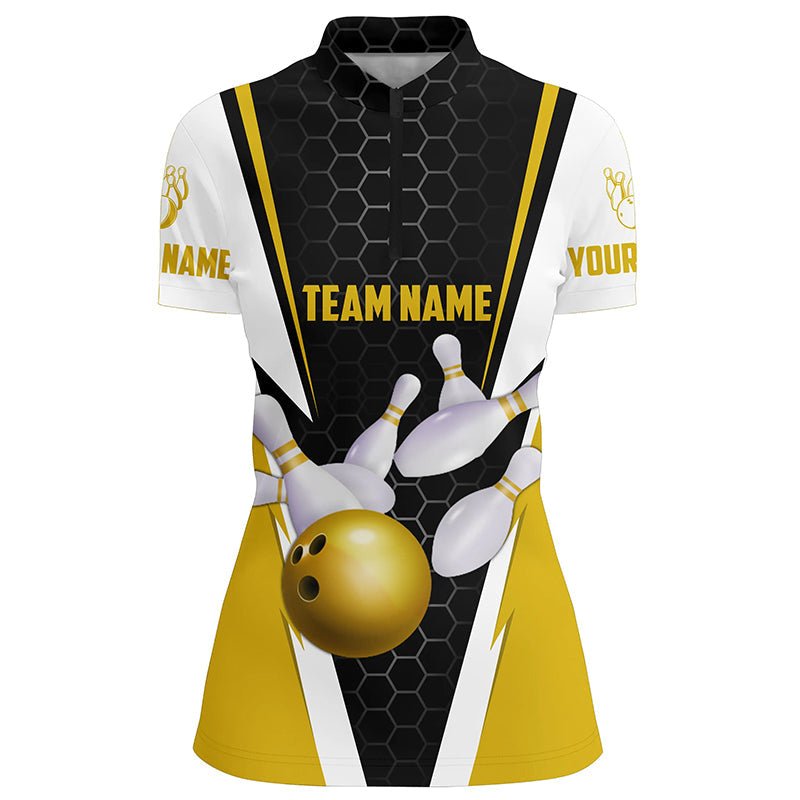 Personalisierte Bowling-Shirts für Damen mit individuellem Namen und Teamnamen - Strike Bowlingkugel und Pins, Team Bowling-Shirts P4947 - Climcat