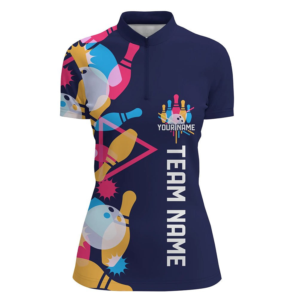 Personalisierte Bowling-Shirts für Damen mit individuellem Namen und Teamnamen - Strike Bowlingkugel und Pins, Team Bowling-Shirts P4952 - Climcat