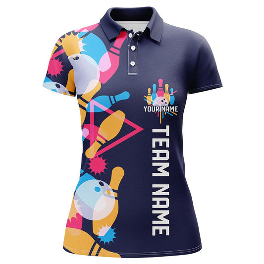 Personalisierte Bowling-Shirts für Damen mit individuellem Namen und Teamnamen - Strike Bowlingkugel und Pins, Team Bowling-Shirts P4952 - Climcat