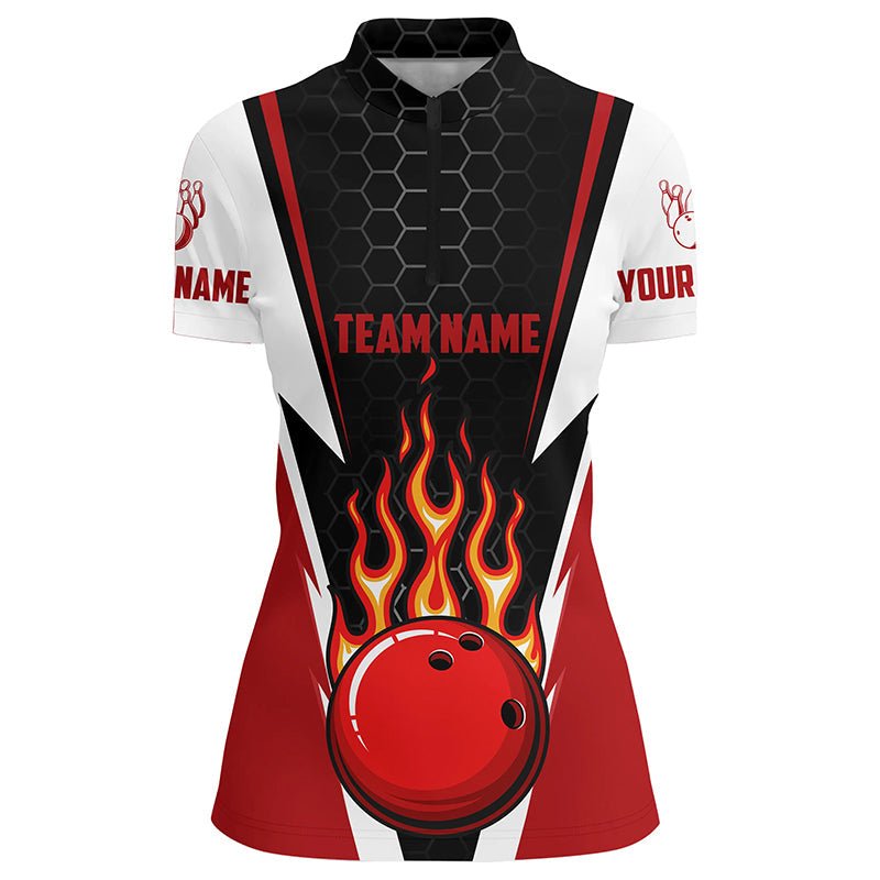 Personalisierte Bowling-Shirts für Damen mit individuellem Teamnamen, Bowlingkugel und Pins, Team Bowling-Shirts P4967 - Climcat