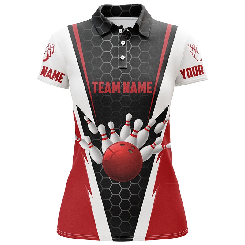 Personalisierte Bowling-Shirts für Damen mit individuellem Teamnamen, Bowlingkugel und Pins, Team Bowling-Shirts P4968 - Climcat